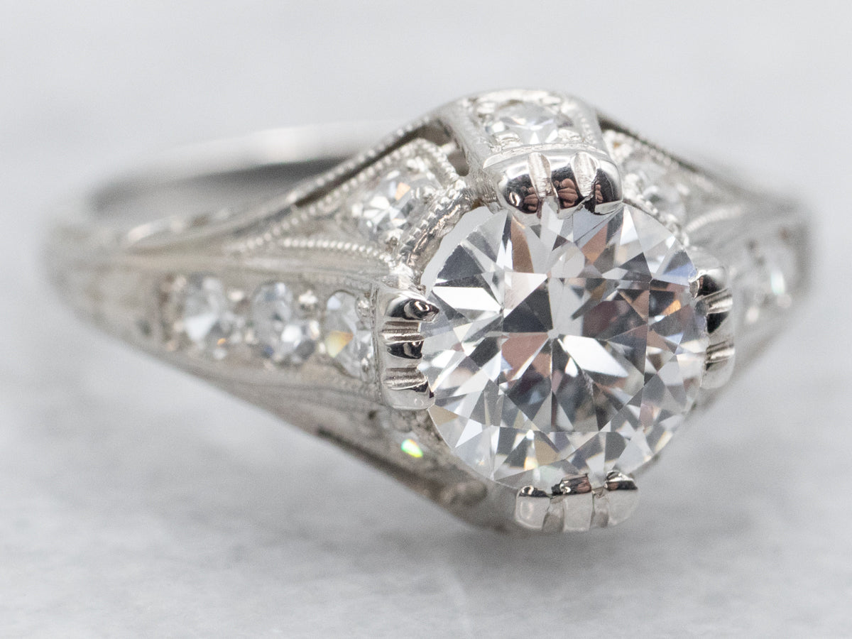 Art Deco Platinum European Cut Diamond Engagement Ring