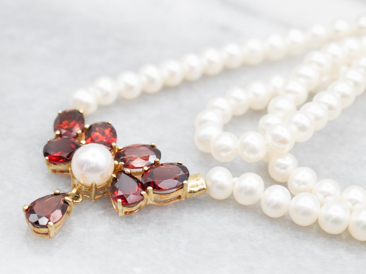 White Freshwater Pearl Beaded Necklace with Garnet Pendant