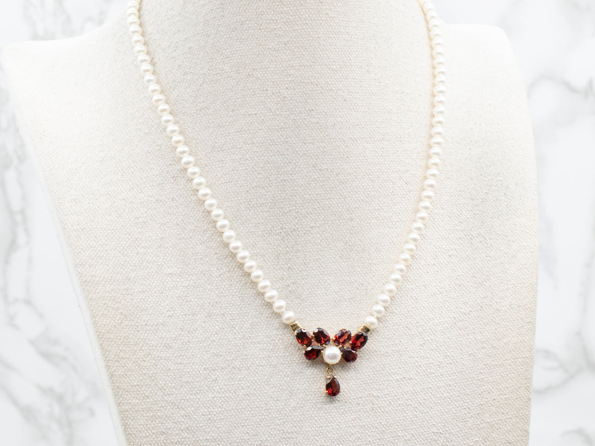 White Freshwater Pearl Beaded Necklace with Garnet Pendant
