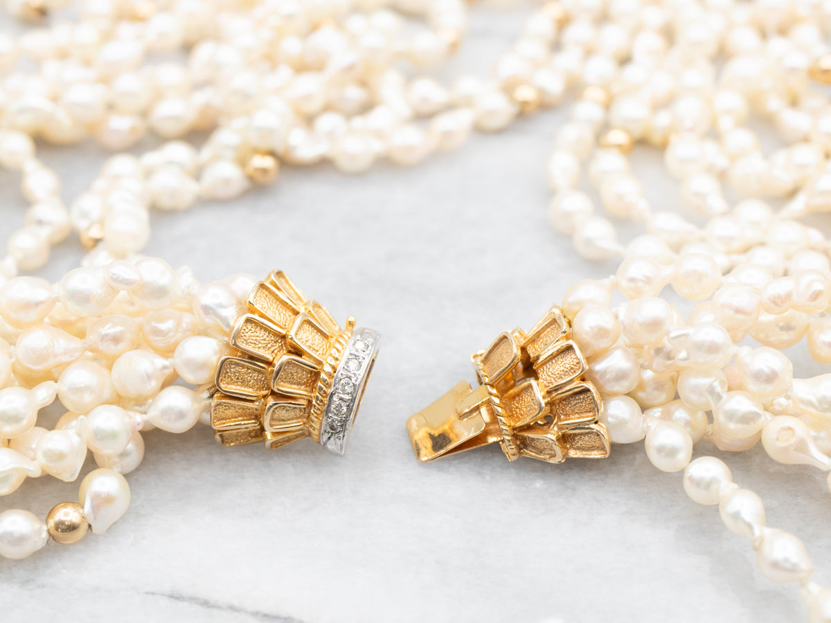 White Freshwater Pearl Eight-Strand Gold Beaded Necklace