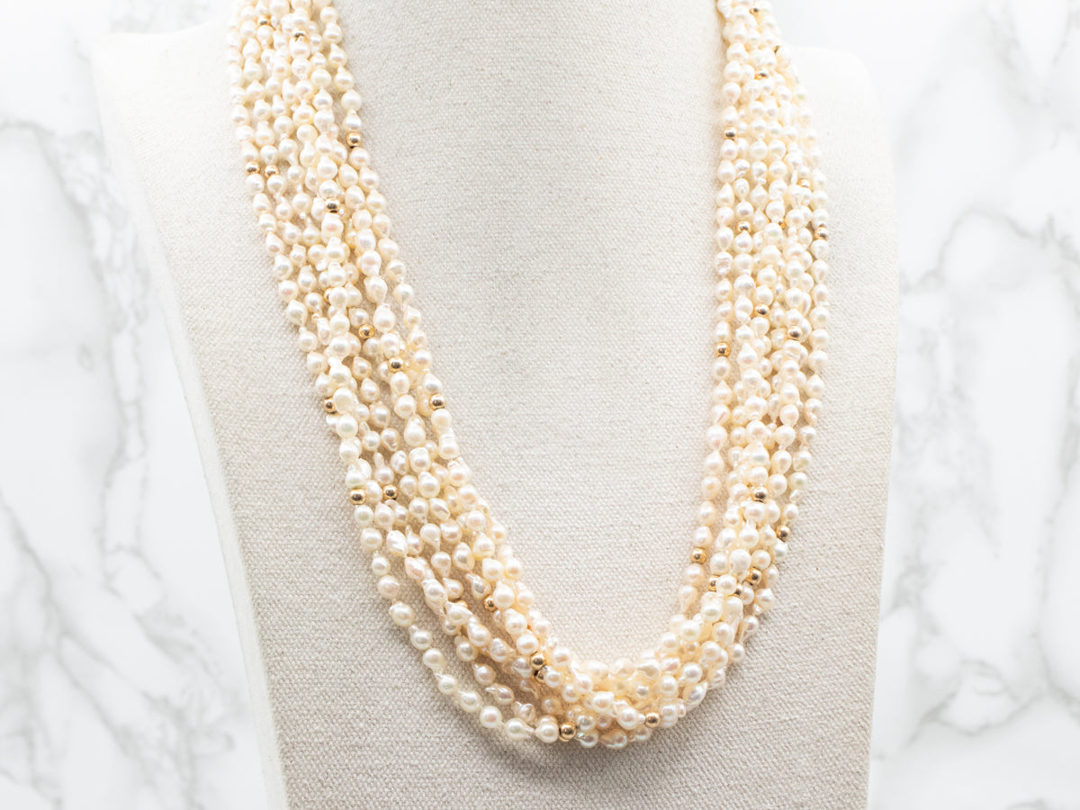 White Freshwater Pearl Eight-Strand Gold Beaded Necklace