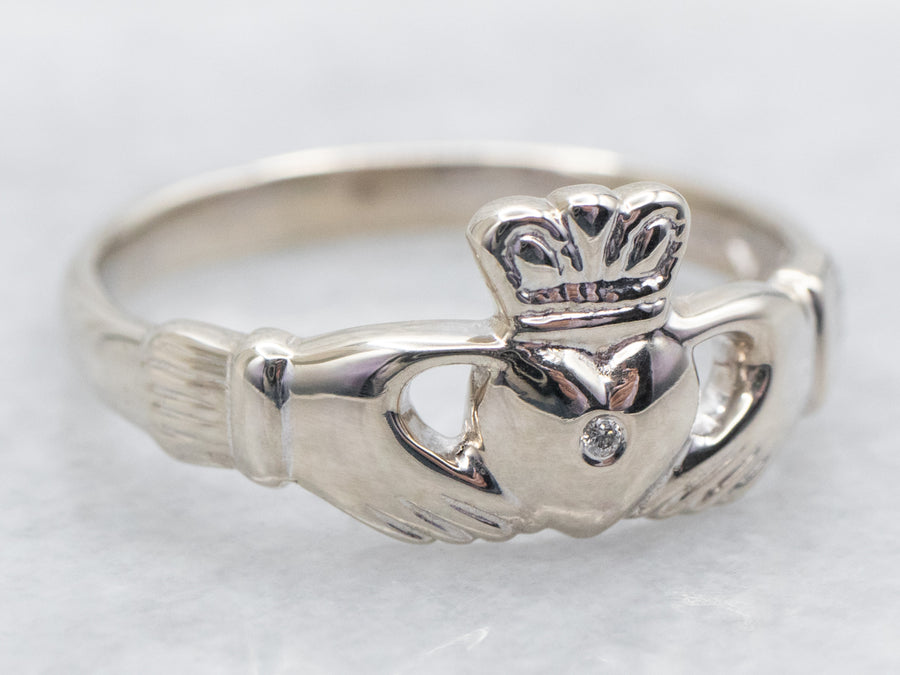 White Gold Claddagh Ring with Diamond Accent