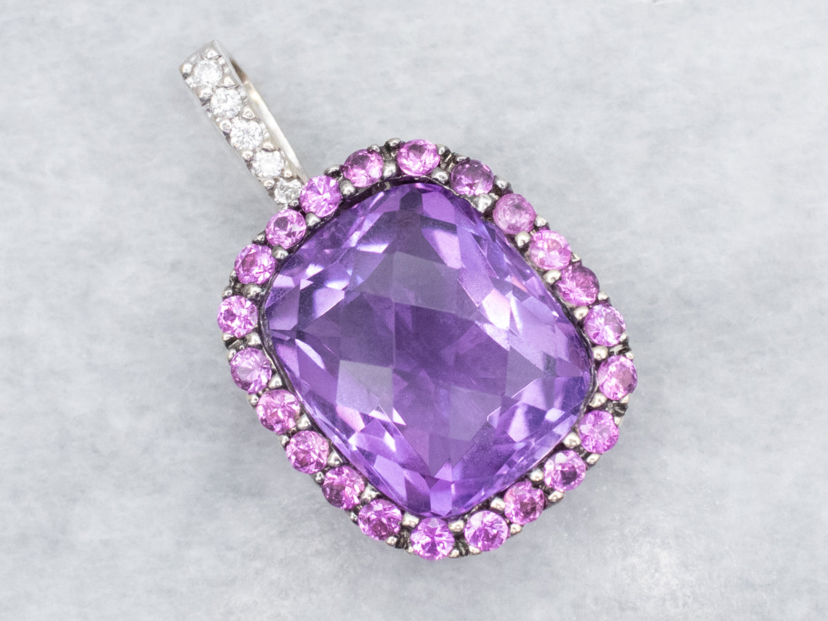 White Gold Amethyst Pendant with Pink Sapphire Halo and Diamond Accents