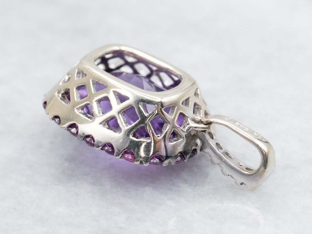 White Gold Amethyst Pendant with Pink Sapphire Halo and Diamond Accents