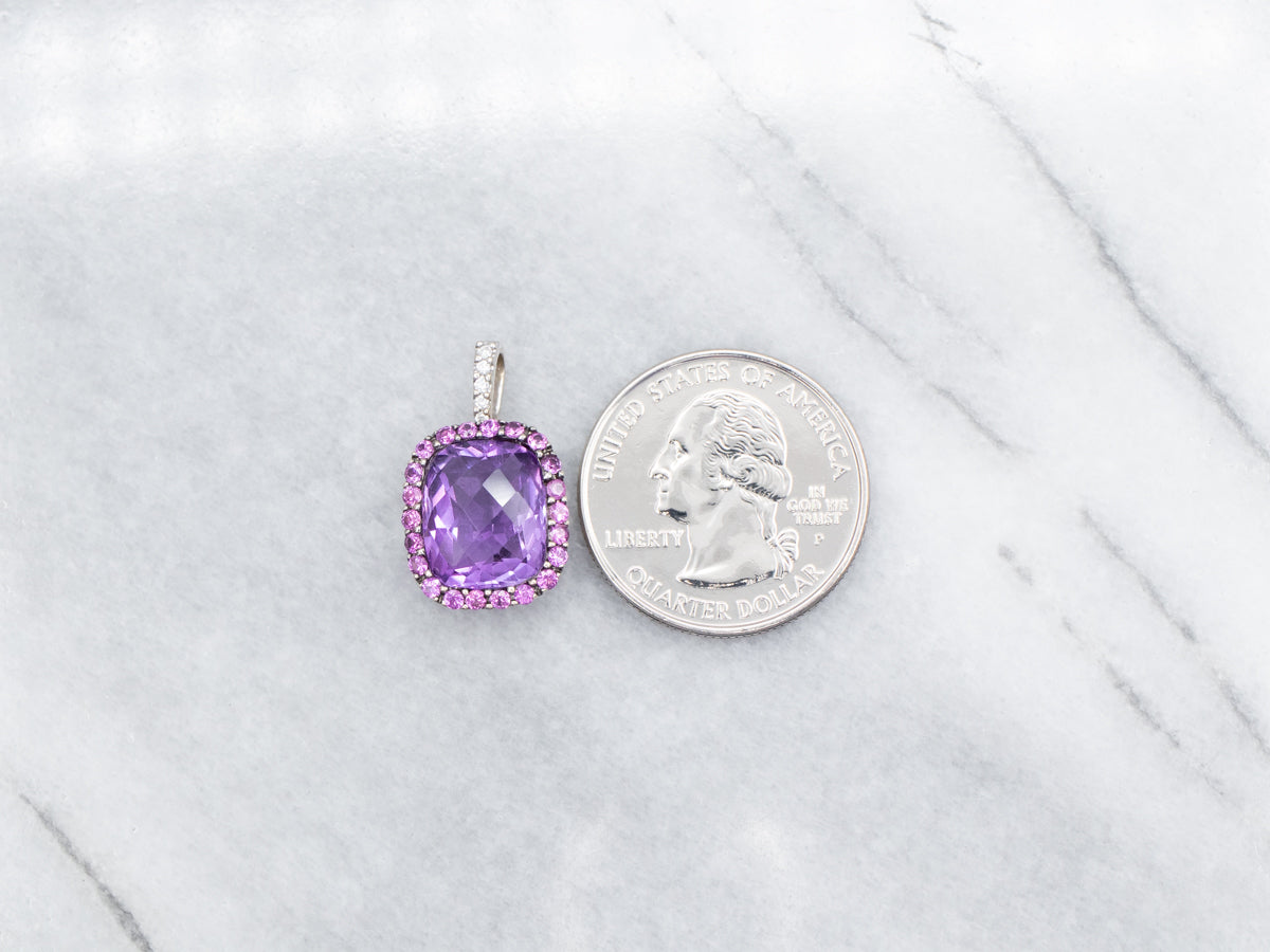White Gold Amethyst Pendant with Pink Sapphire Halo and Diamond Accents