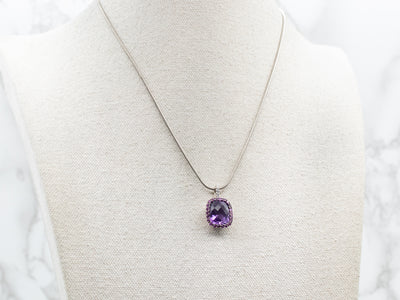 White Gold Amethyst Pendant with Pink Sapphire Halo and Diamond Accents