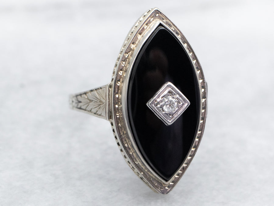 White Gold Black Onyx Ring with Diamond Accent