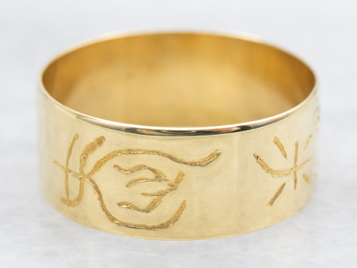 Yellow Gold Wide Band with Engraved Symbols