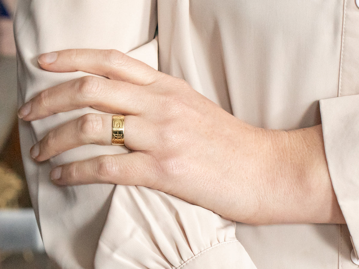 Yellow Gold Wide Band with Engraved Symbols