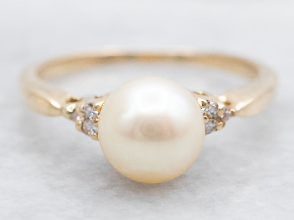 Yellow Gold Saltwater Pearl Ring with Diamond Accents