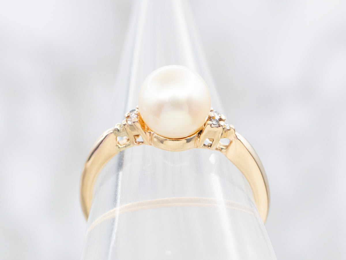 Yellow Gold Saltwater Pearl Ring with Diamond Accents