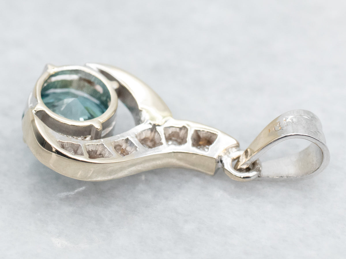Blue Zircon and Diamond Pendant