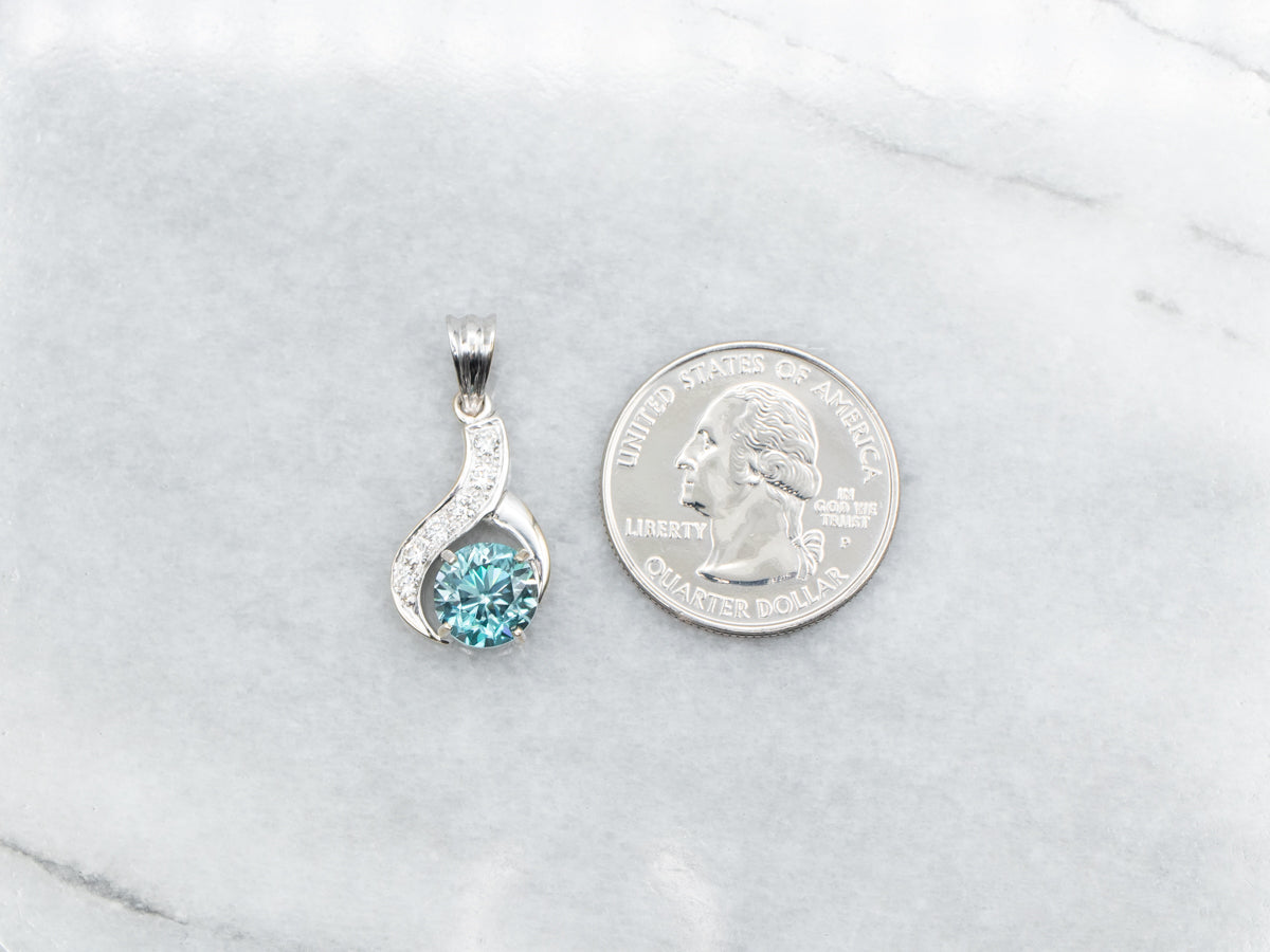 Blue Zircon and Diamond Pendant