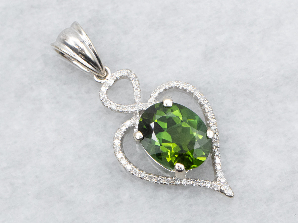 Green Tourmaline and Diamond Heart Shaped Pendant