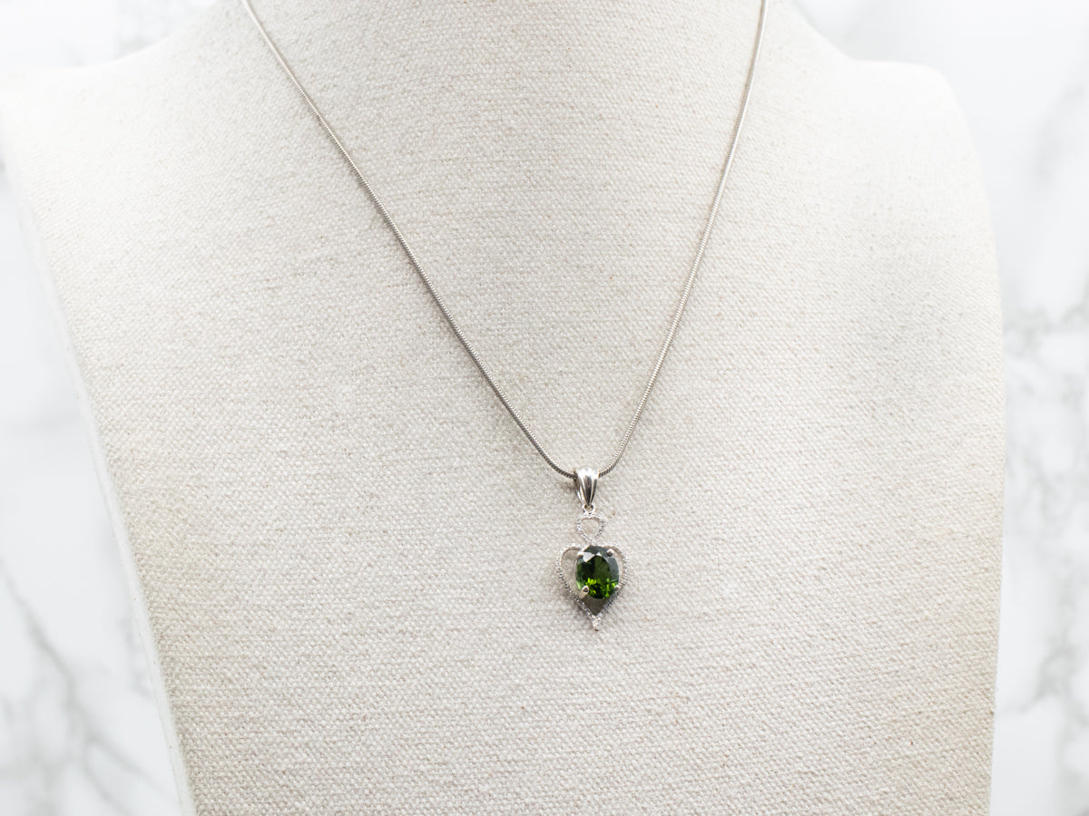Green Tourmaline and Diamond Heart Shaped Pendant