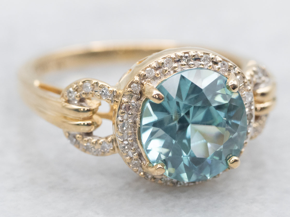 Blue Zircon Ring with Diamond Halo