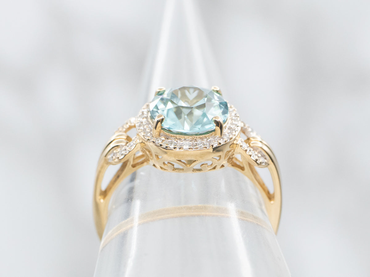 Blue Zircon Ring with Diamond Halo