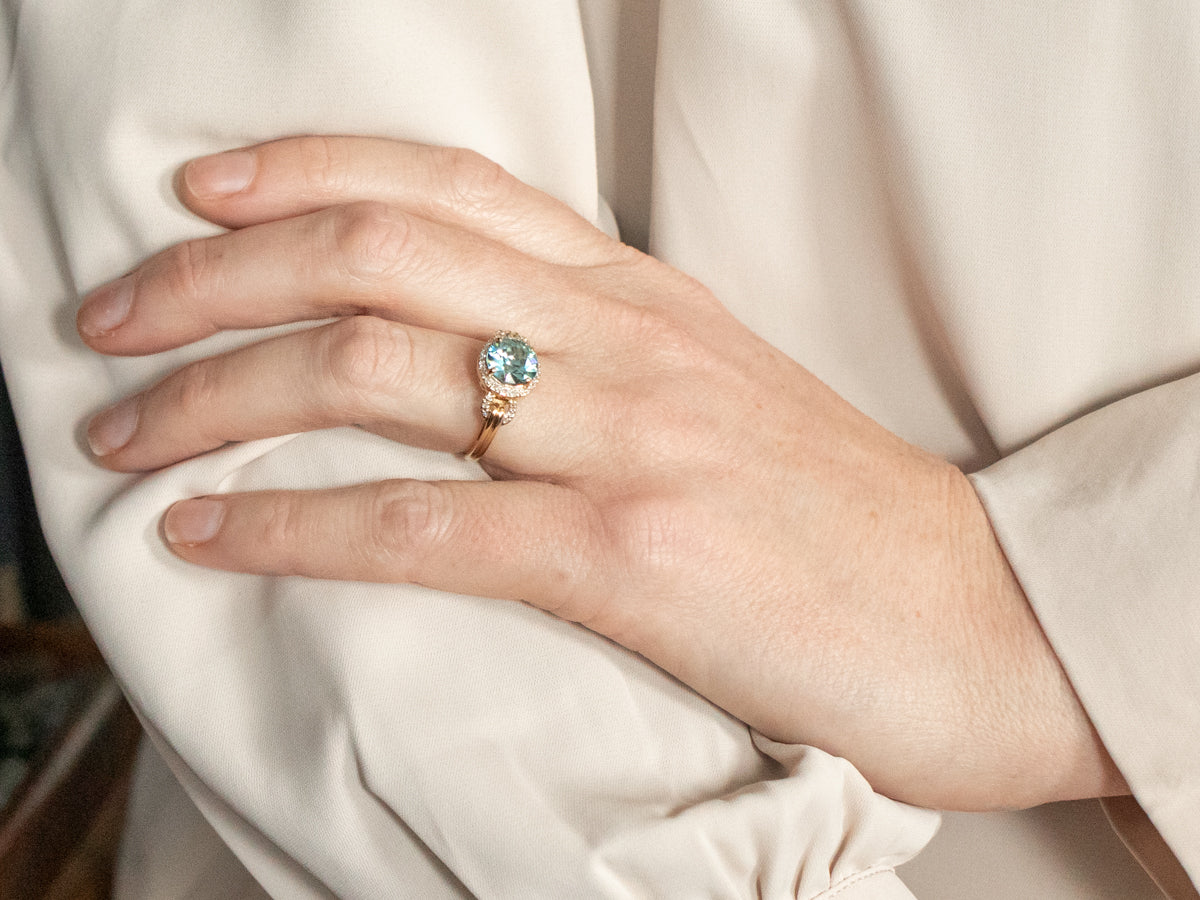 Blue Zircon Ring with Diamond Halo