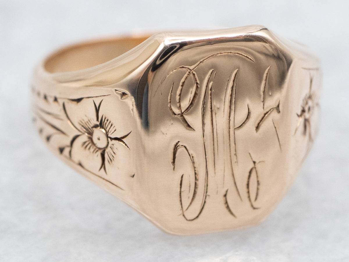 Flower Engraved Antique "M" Monogrammed Signet Ring