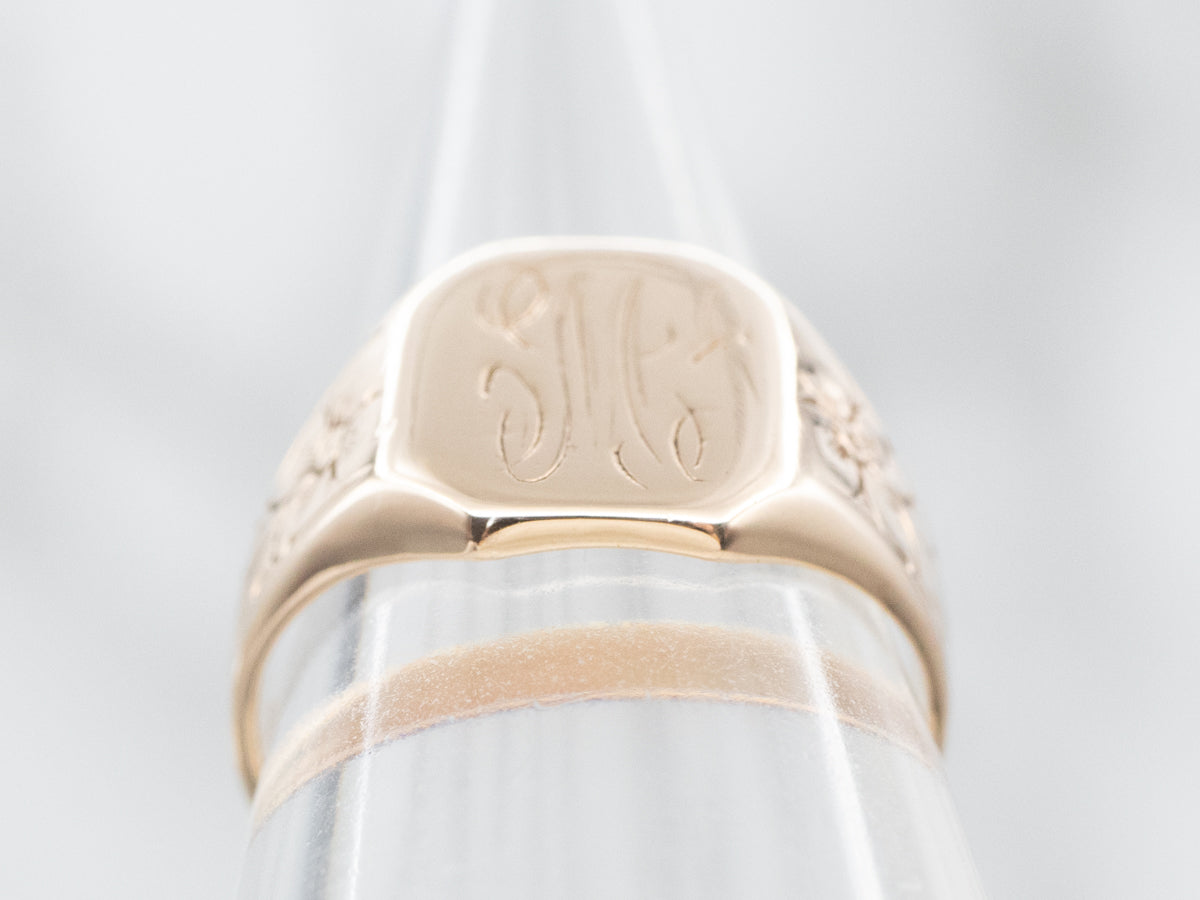 Flower Engraved Antique "M" Monogrammed Signet Ring