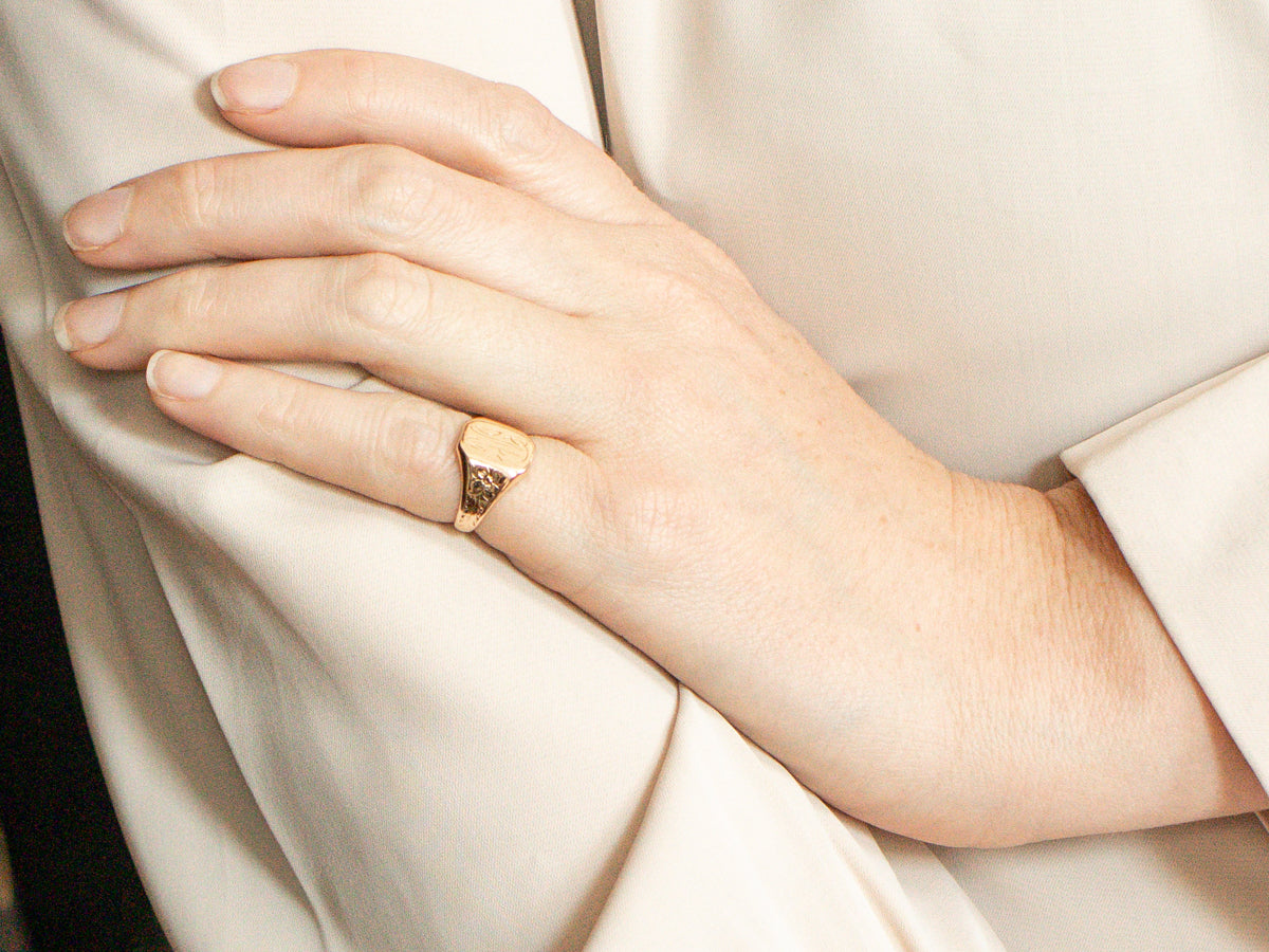 Flower Engraved Antique "M" Monogrammed Signet Ring