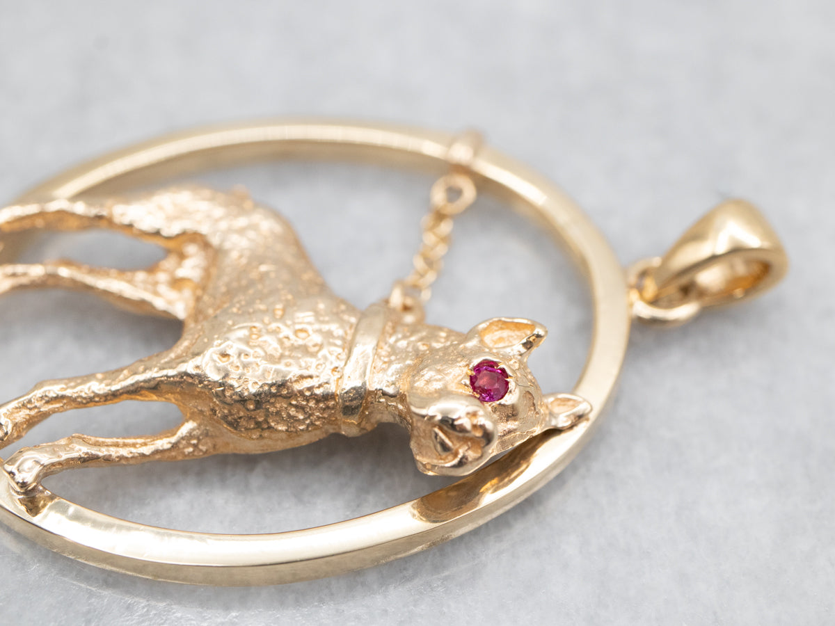 Yellow Gold Boxer Dog Pendant with Ruby Eye