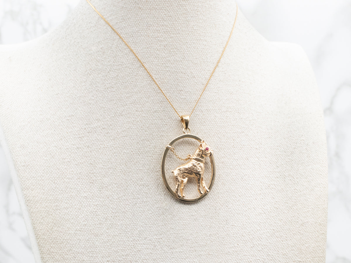 Yellow Gold Boxer Dog Pendant with Ruby Eye