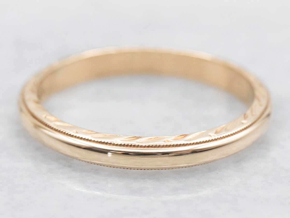 Yellow Gold Wedding Band with Milgrain Edge and Etched Sides