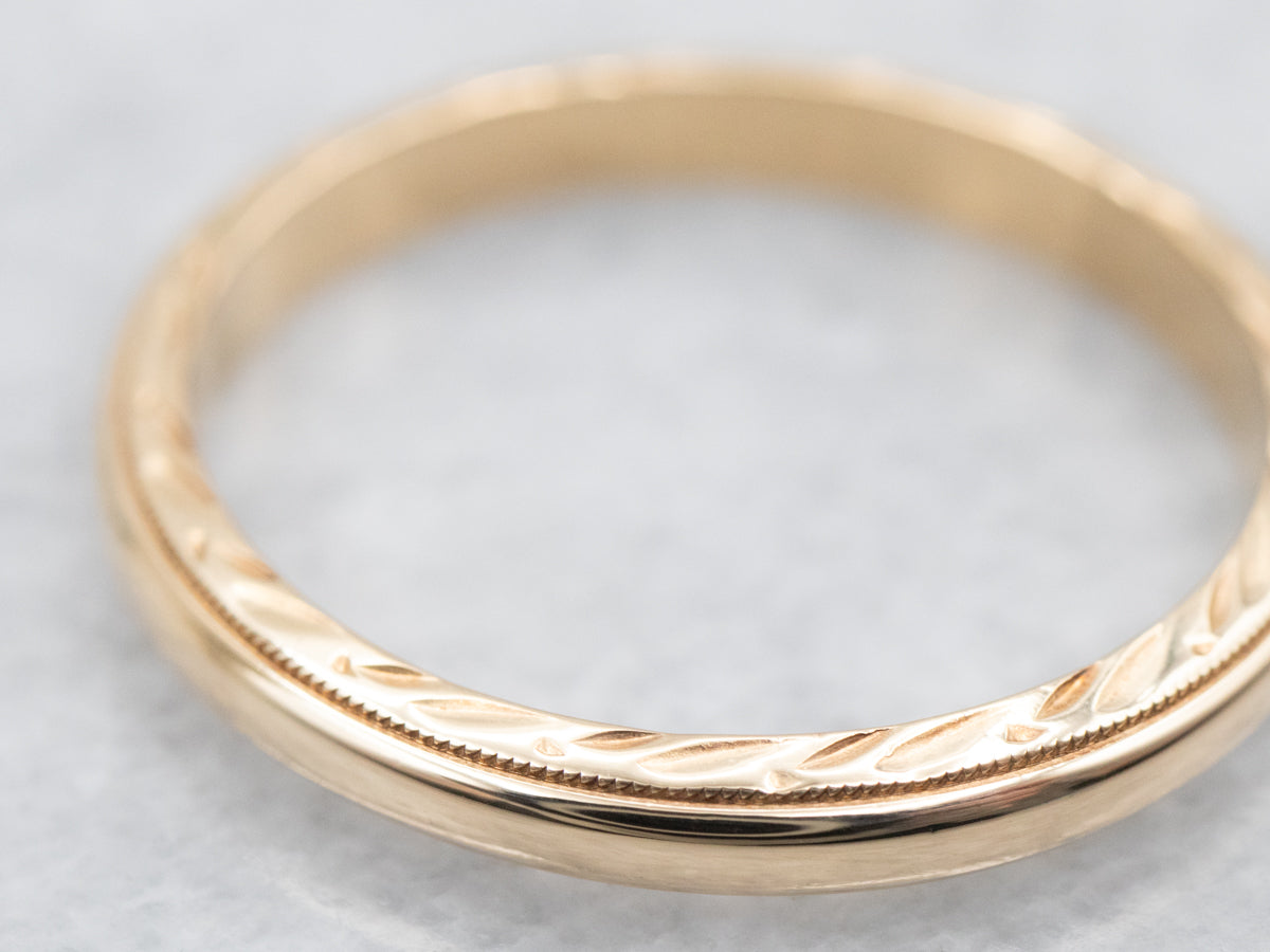 Yellow Gold Wedding Band with Milgrain Edge and Etched Sides
