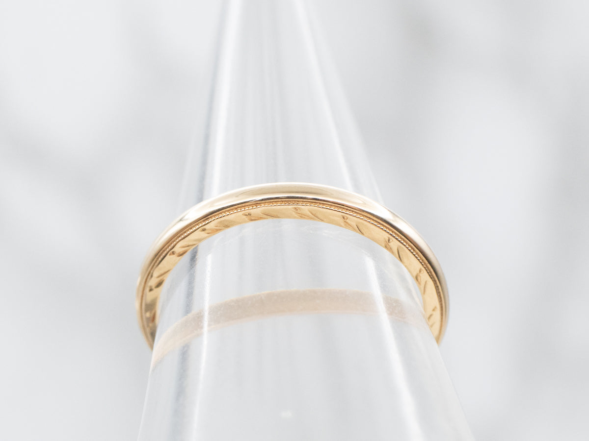 Yellow Gold Wedding Band with Milgrain Edge and Etched Sides