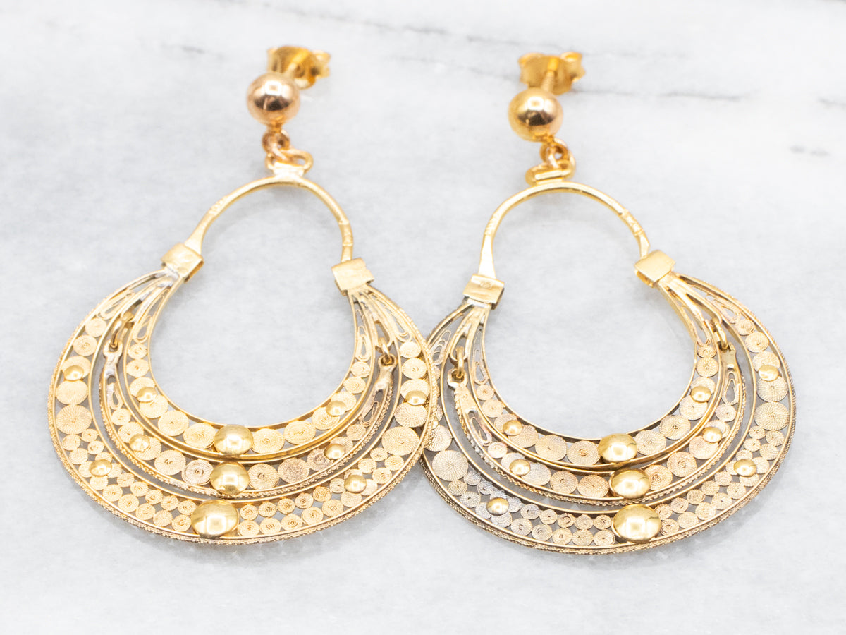 22K Gold Triple Crescent Filigree Drop Earrings
