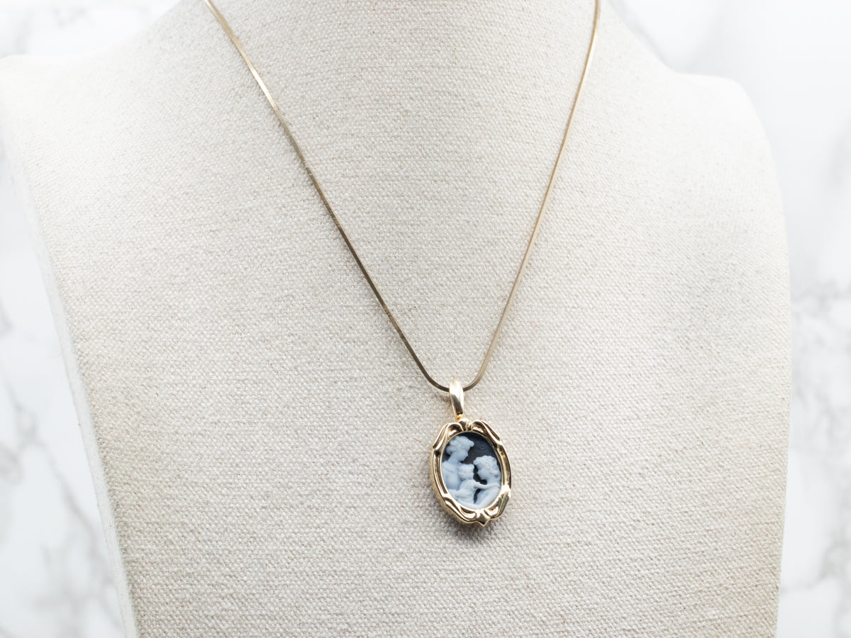 Beautiful Mother and Children Black and White Onyx Cameo in Fine Gold Frame