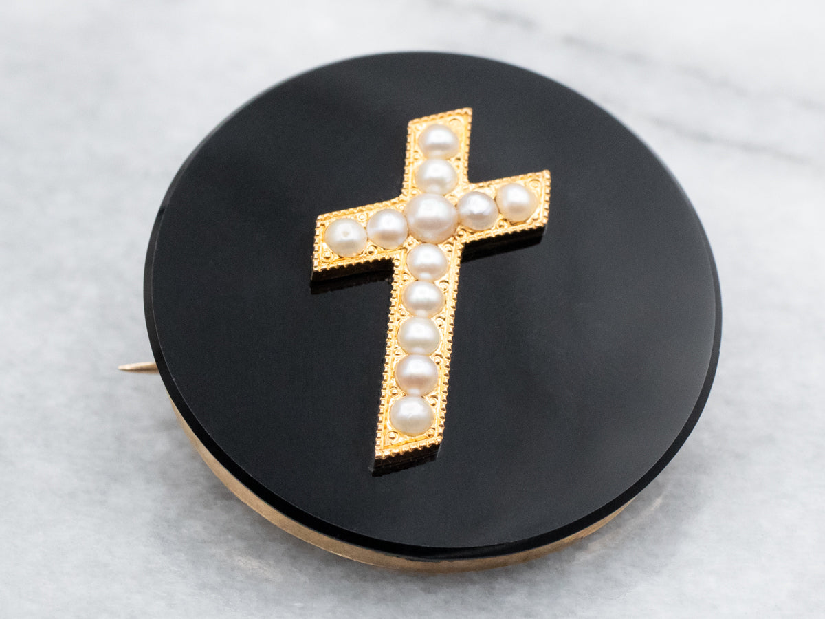 Antique Onyx and Seed Pearl Religious Brooch