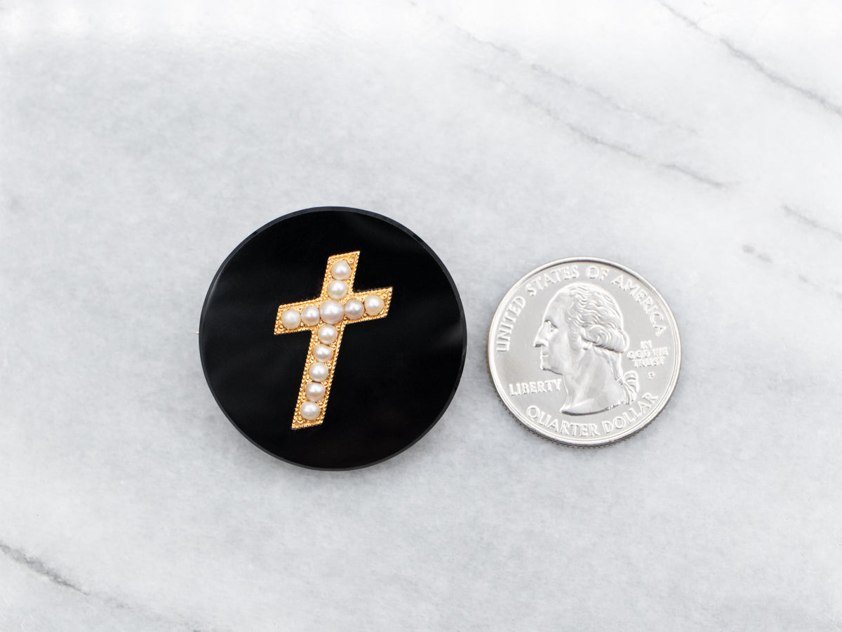 Antique Onyx and Seed Pearl Religious Brooch