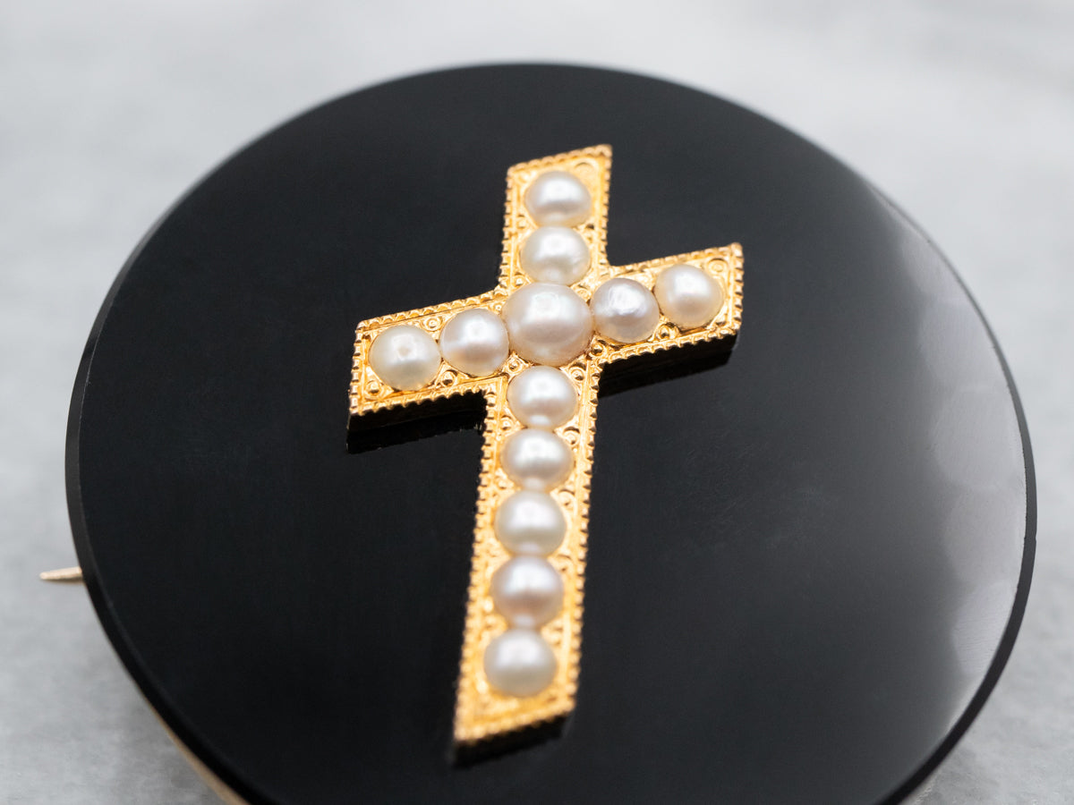 Antique Onyx and Seed Pearl Religious Brooch