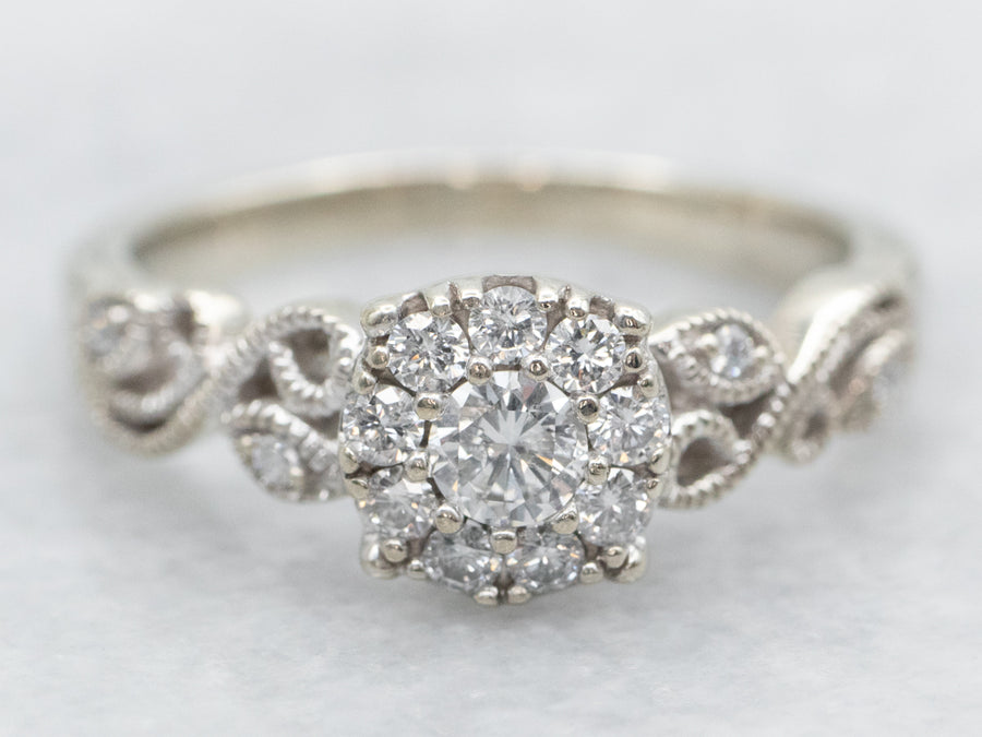 White Gold Diamond Engagement Ring with Scrolling Shoulders
