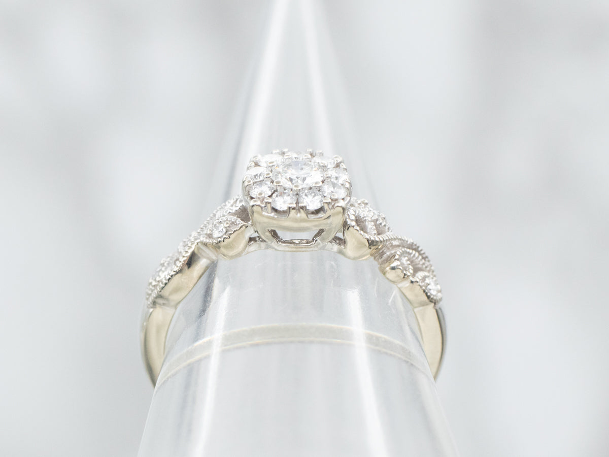 White Gold Diamond Engagement Ring with Scrolling Shoulders