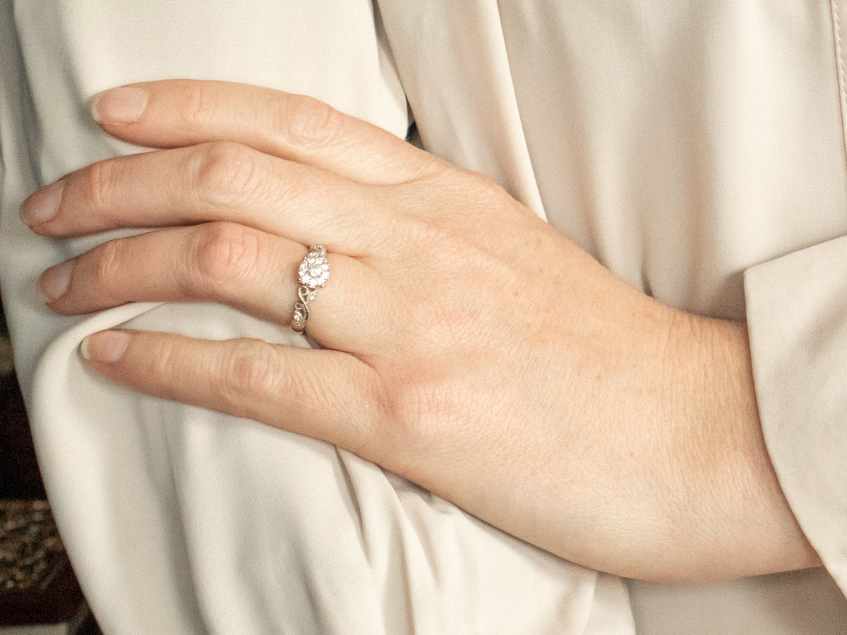 White Gold Diamond Engagement Ring with Scrolling Shoulders