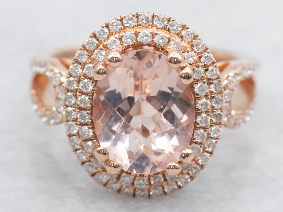 Rose Gold Morganite Ring with Double Diamond Halo