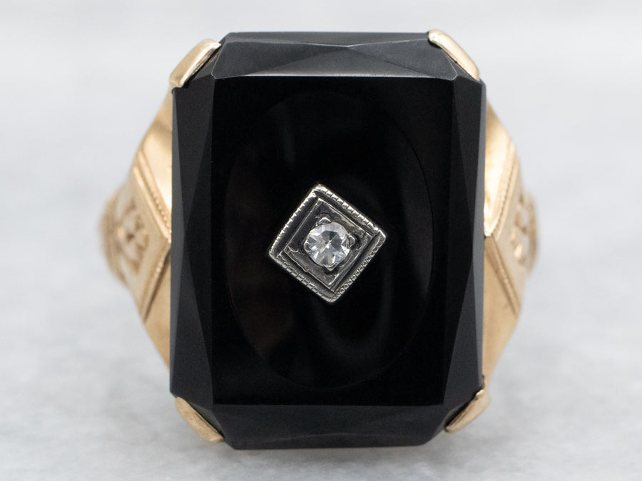 Two Tone Black Onyx Ring with Diamond Accent