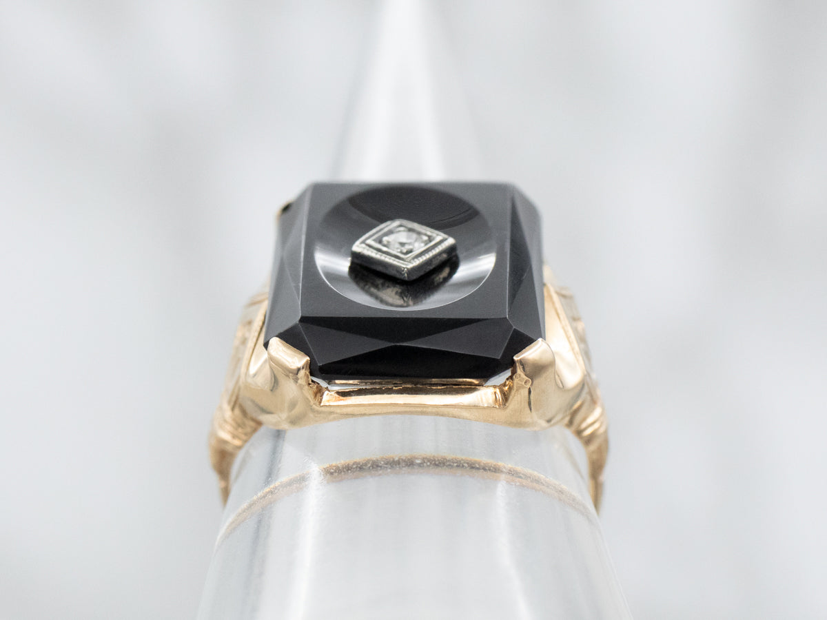 Two Tone Black Onyx Ring with Diamond Accent