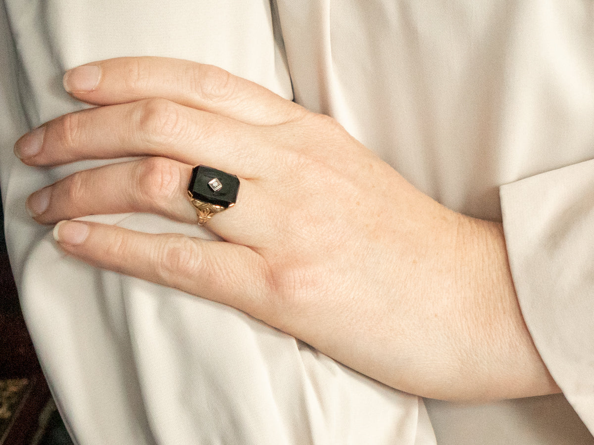 Two Tone Black Onyx Ring with Diamond Accent