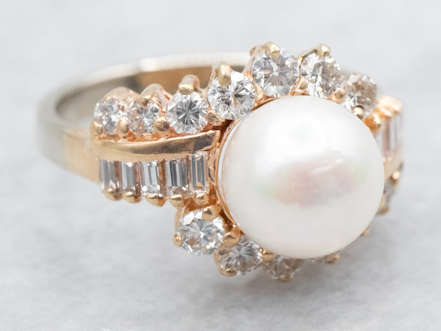 Yellow Gold Pearl and Diamond Bypass Ring