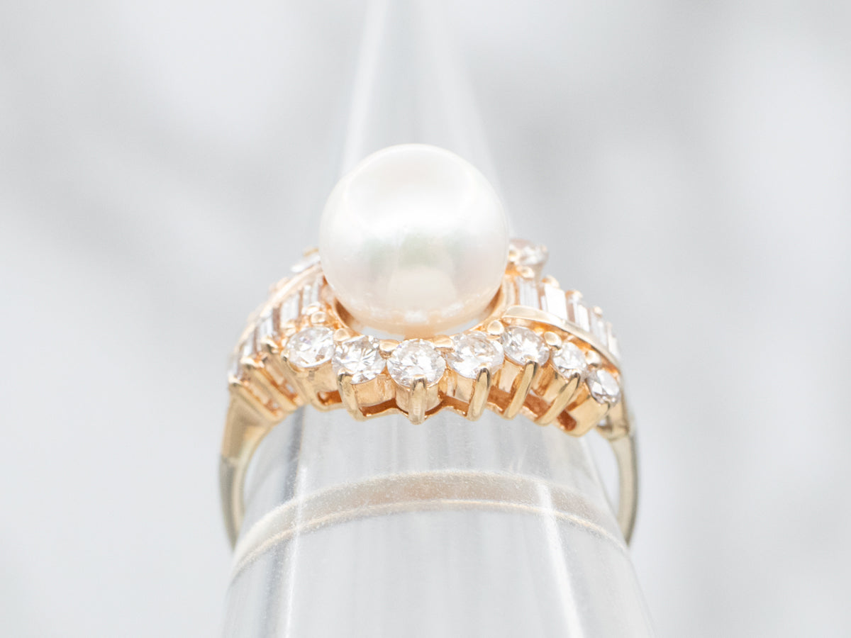 Yellow Gold Pearl and Diamond Bypass Ring