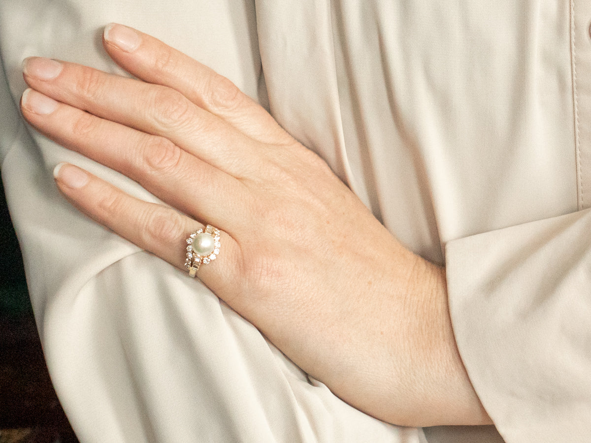 Yellow Gold Pearl and Diamond Bypass Ring
