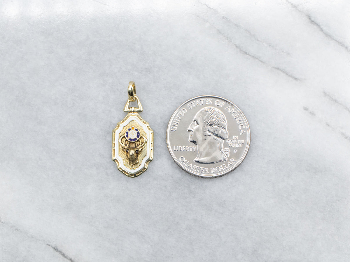 Yellow Gold Enamel Elk Pendant with Garnet Eyes