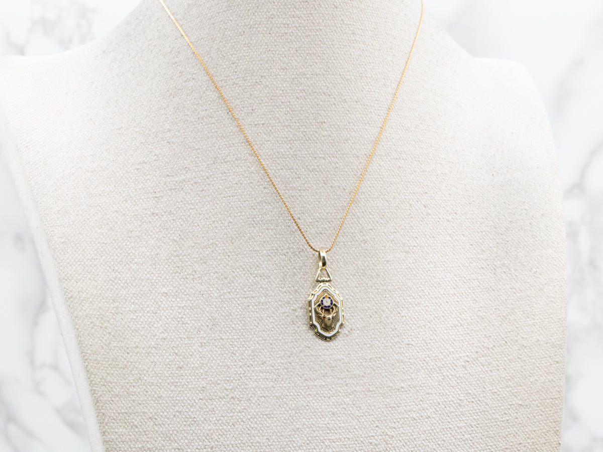 Yellow Gold Enamel Elk Pendant with Garnet Eyes