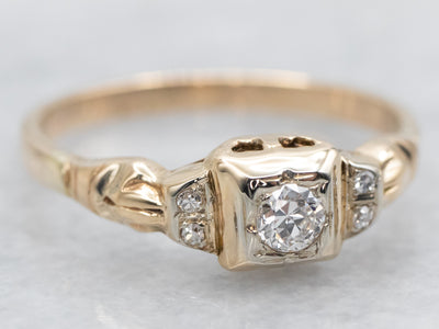 Yellow Gold European Cut Diamond Engagement Ring with Diamond Accents