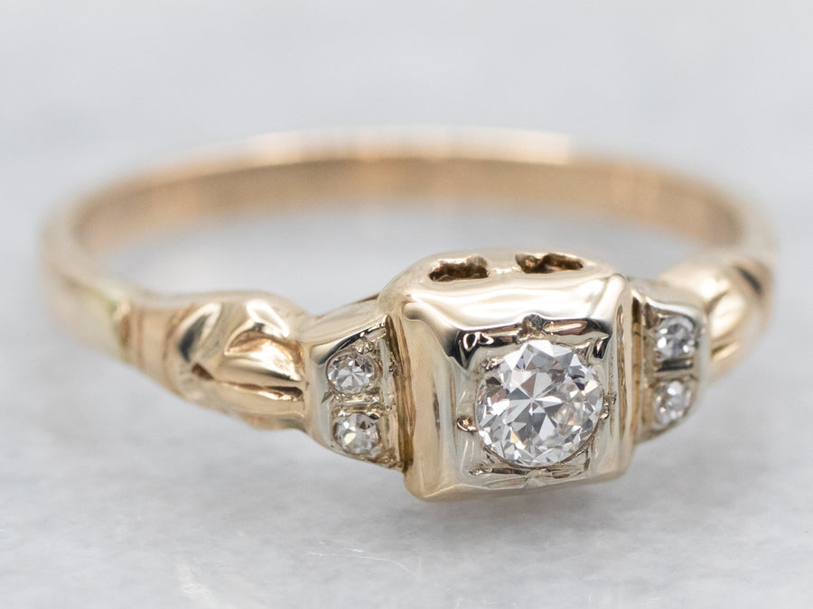 Yellow Gold European Cut Diamond Engagement Ring with Diamond Accents