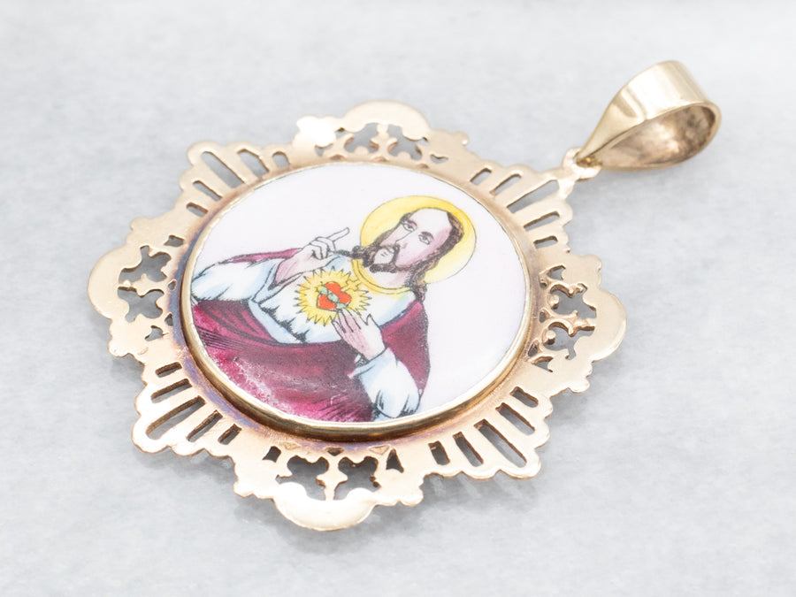 Yellow Gold Painted Porcelain Double Sided Religious Pendant